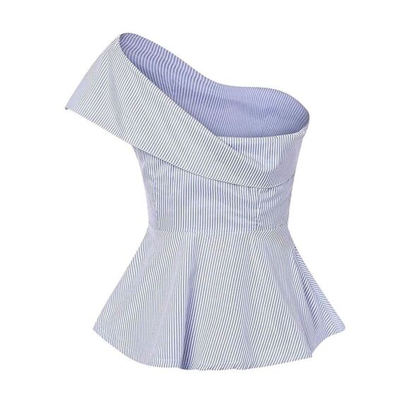 Pinstriped Slim Fit Foldover One Shoulder Bow Tie Front Blouse sz medium - Picture 2 of 8